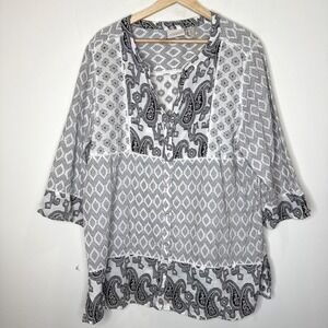 Chico's Aztec Western Button Up Blouse Top Womens L 3 Black White Paisley V Neck